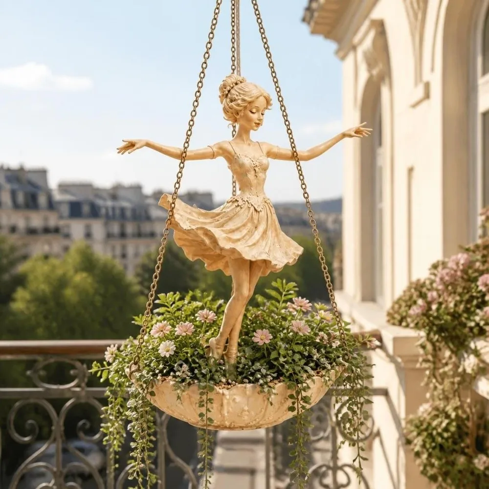 Resin Ballet Dancer Hanging Planter Elegant Vintage Fairy Flower Pot UV Resistant Creative Girl Hanging Plant Basket