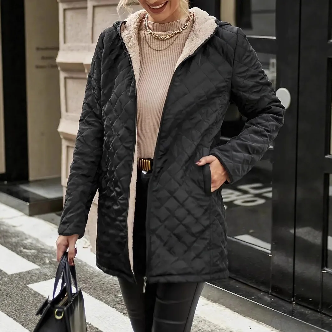 Parkas Hooded Spliced Plaid Women Parka Zipper Fleece Jackets Loose Fit Outerwear Cardigan Warm Winter Long Sleeve Pockets