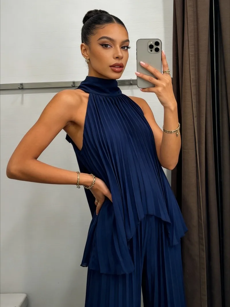 

Vacation Style Casual Temperament Irregular Neck Vest Commuter Style Casual Loose Slimming Wide Leg Pants women Two-piece Set