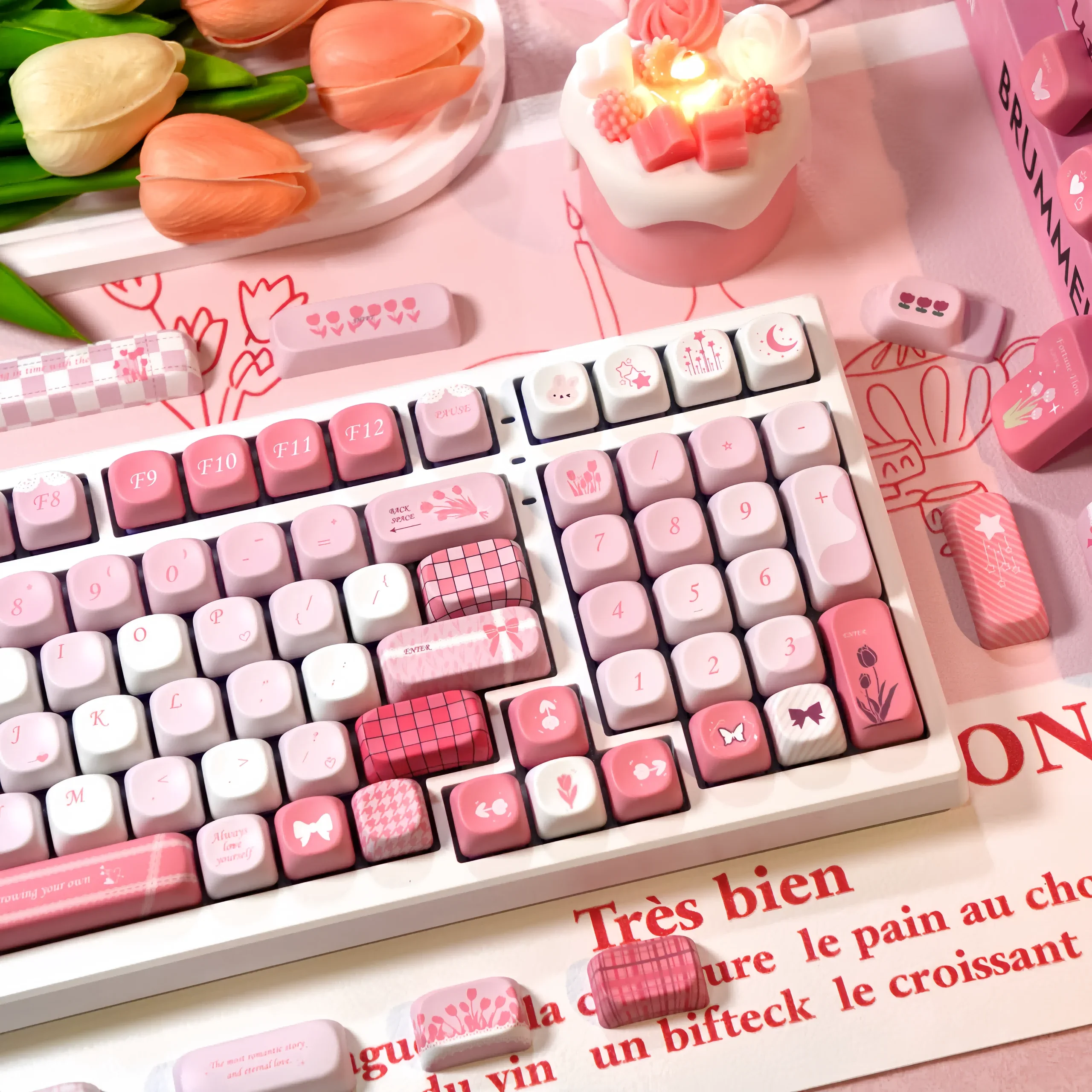 Moa TULIP Keycaps 140 สีชมพูสดขนาดเล็กน่ารักรอบสไตล์ฝรั่งเศสตัวอักษร L ใส่คีย์ 2.25/2.75U Space Bar Alice รูปแบบ Keycaps