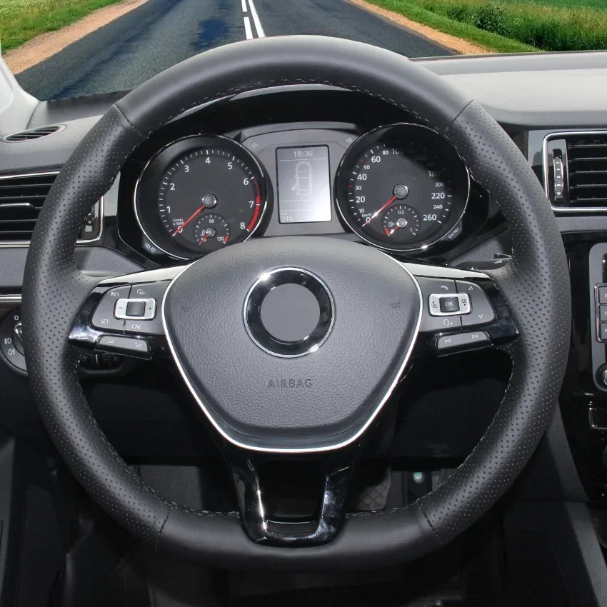 Black Artificial Leather Steering Wheel Cover for Volkswagen VW Golf 7 Polo Up! Tiguan Passat T-Roc Jetta Caddy Arteon 2013-2021
