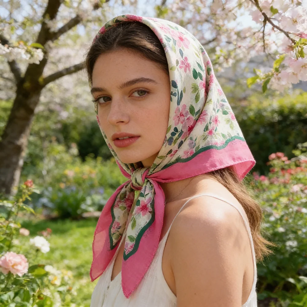 

1Pc new spring and summer 58cm square scarf flower silk scarf women's versatile headscarf scarf