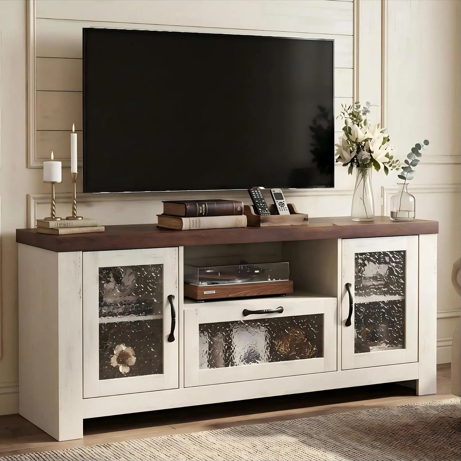 Farmhouse White Brown TV Stand for 65 Inch Living Room, Customized