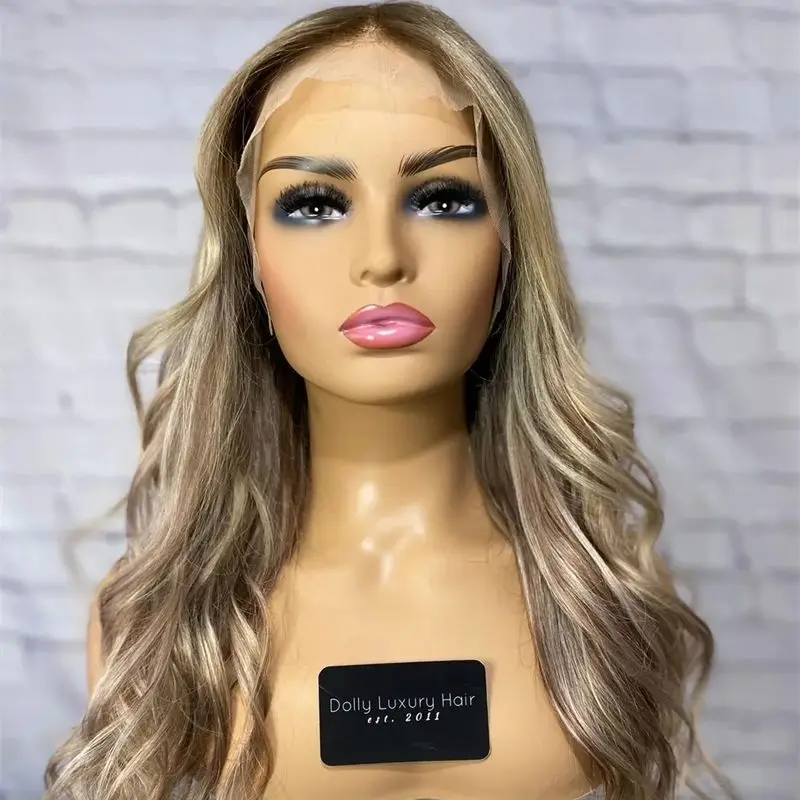

Ombre Ash Blonde with Brown Straks Highlights Synthetic HD Lace Front Wig Glueless Women's Wig For Women Daily Party Cosplay