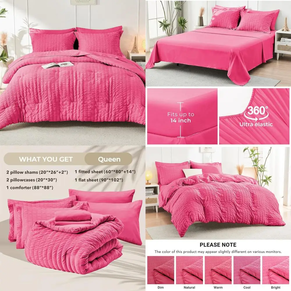 

Всесезонный комплект постельного белья Queen из 7 предметов из сирсакера ярко-розового цвета с одеялом, простынями, наволочками и шамс