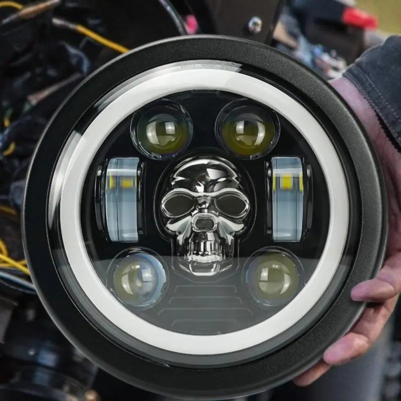 

LED Motorcycle Headlight 28W Super Bright RGB Breathing Light System 8-Lens Skull Design Auxiliary Round Fog Lamp Headlamp