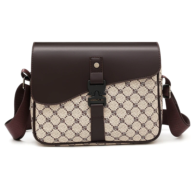 2026 New Design Men Shoulder Crossbody Bag Fashion PU Leather Checkered Printed Small Square Bag Male Mobile Phone Bag Purses