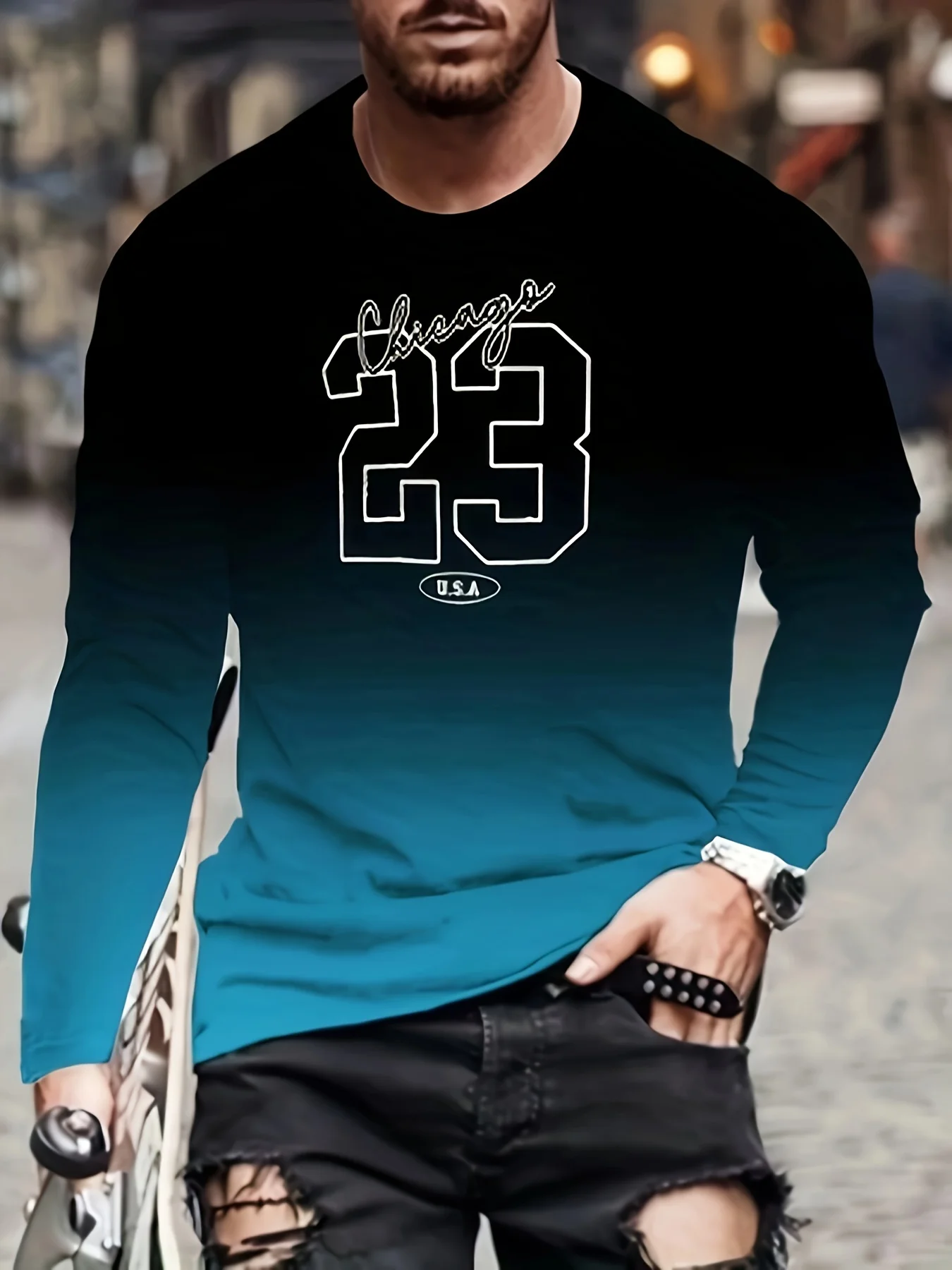 

Men's Gradient Graphic Long-sleeved T-shirt, Casual And Sporty Printed Crew Neck Top, Suitable For Spring And Autumn