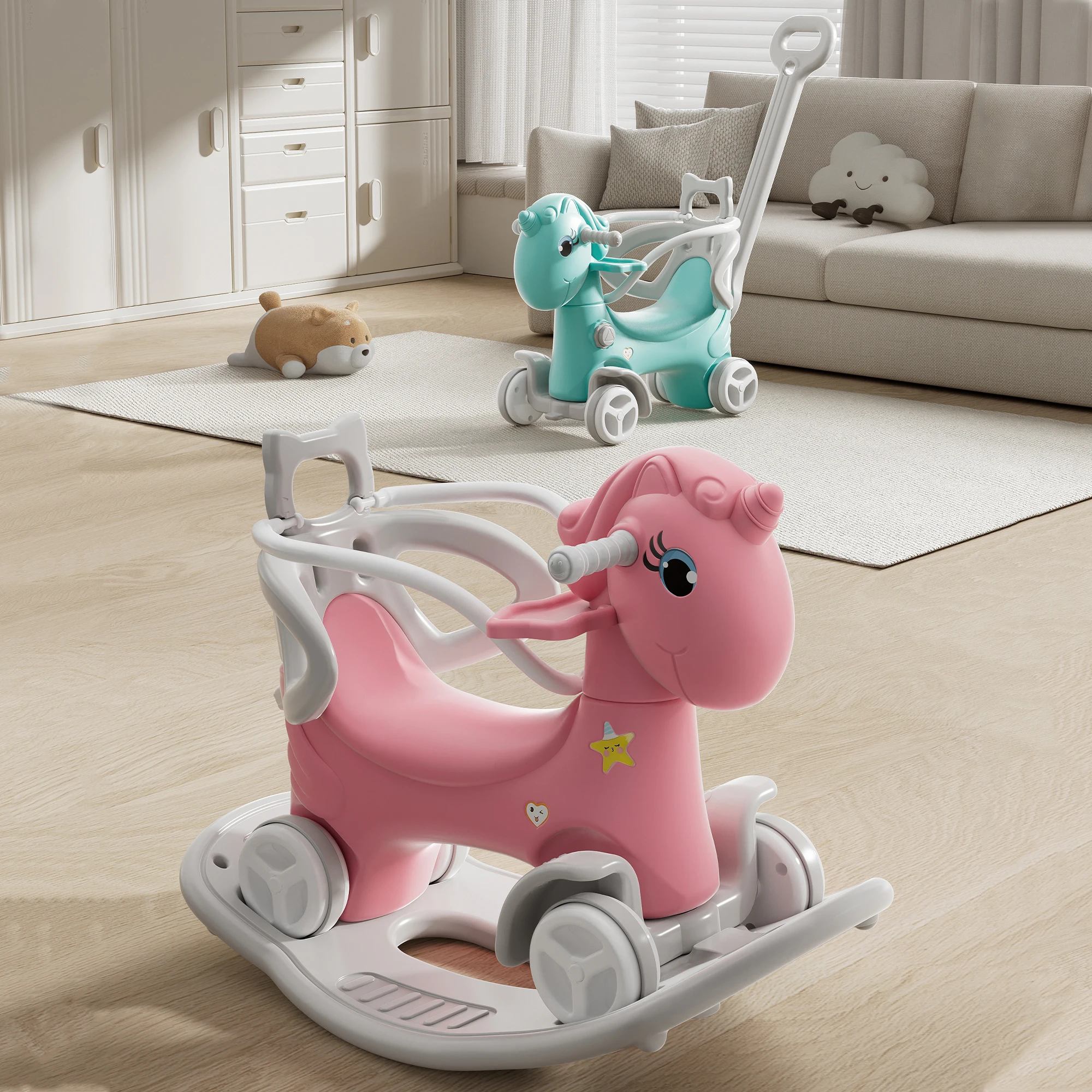 Rocking Horse for Toddlers, Balance Bike Ride On Toys with Push Handle, Backrest and Balance Board for Baby Girl and Boy, Unicorn Kids Pink Color