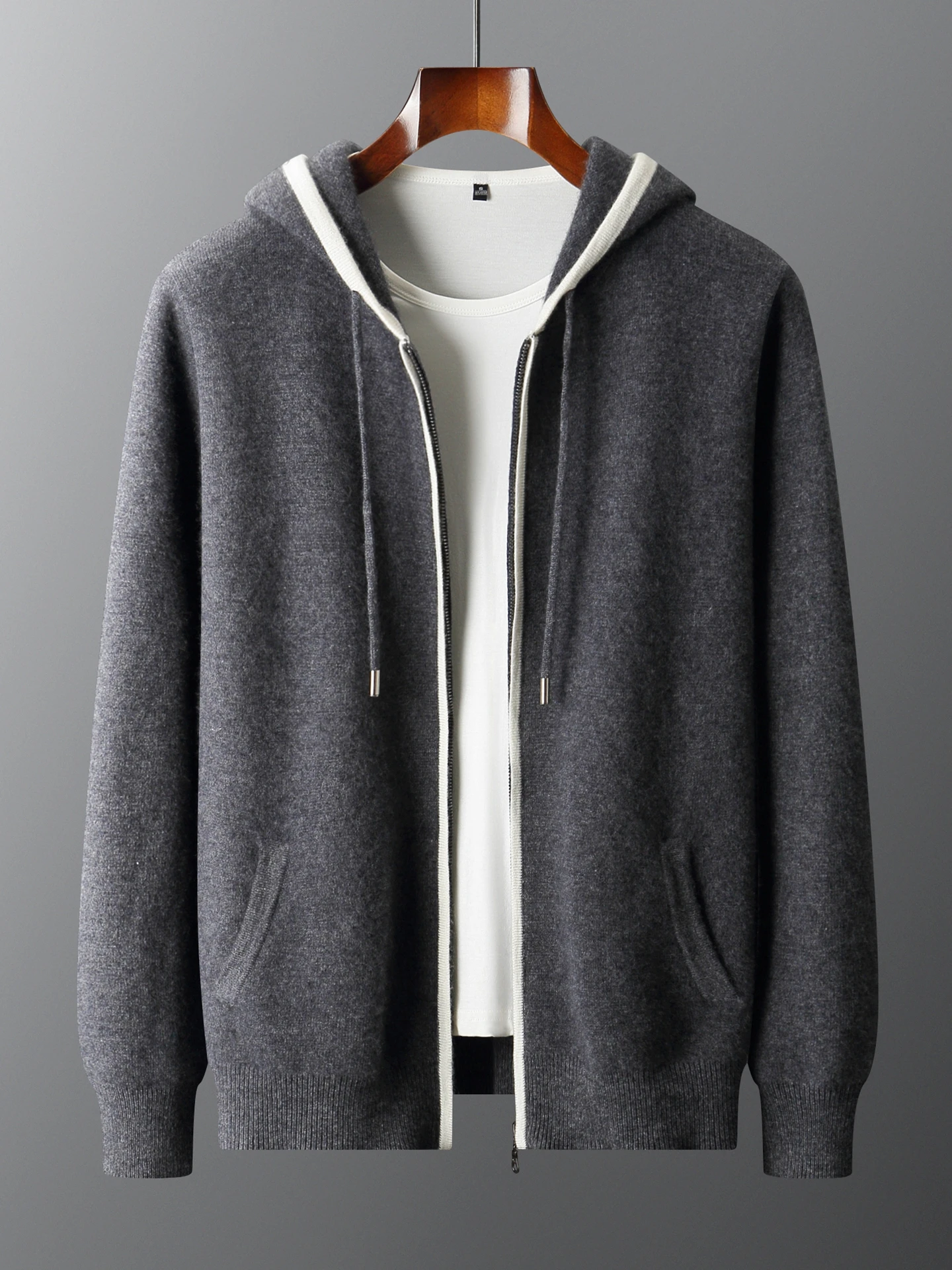 TLOML Men's 100% Merino Wool Knitwear Thick Air Layer Color block Hooded Zip Cardigan Autumn Winter Cashmere Sweater Thick Coat
