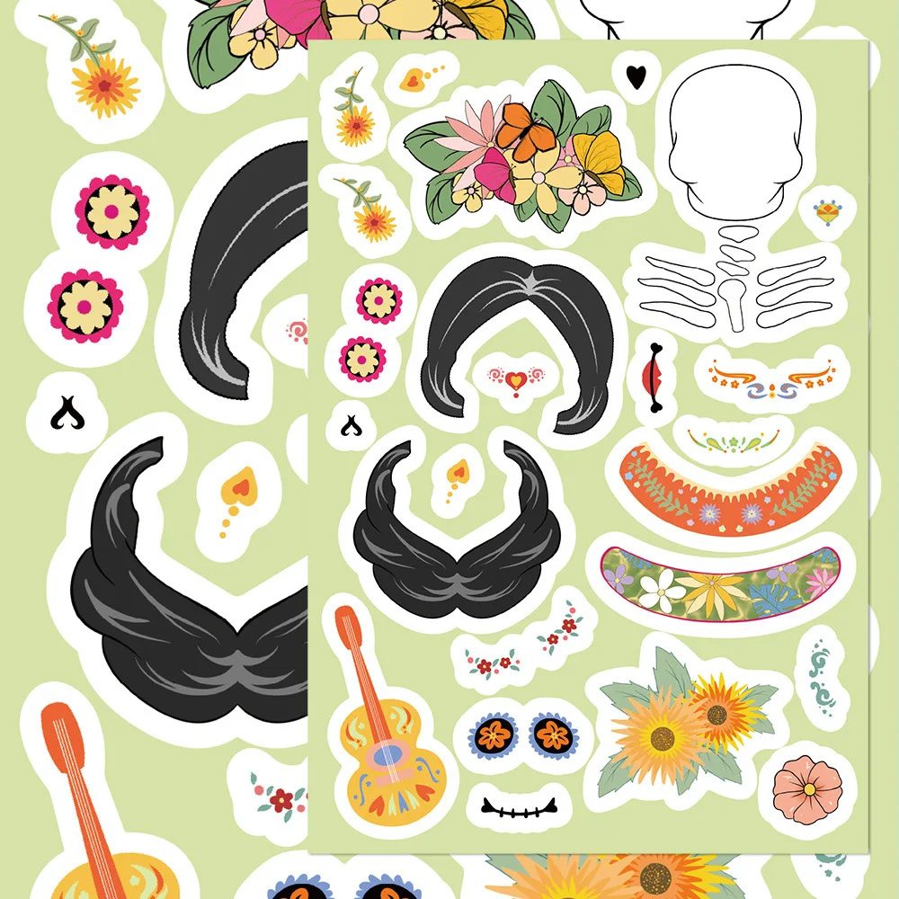 8/16 Blatt Tag der Toten Cartoon macht ein Gesicht Puzzle Aufkleber DIY Telefon Laptop Gepäck Skateboard Graffiti Aufkleber als Geschenk