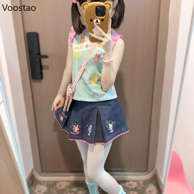 Japanese Cartoon Print Lolita T-shirt Women Sweet Y2k Aesthetic Flying Sleeve Crop Tops Girls Harajuku Grunge Kawaii Summer Tees