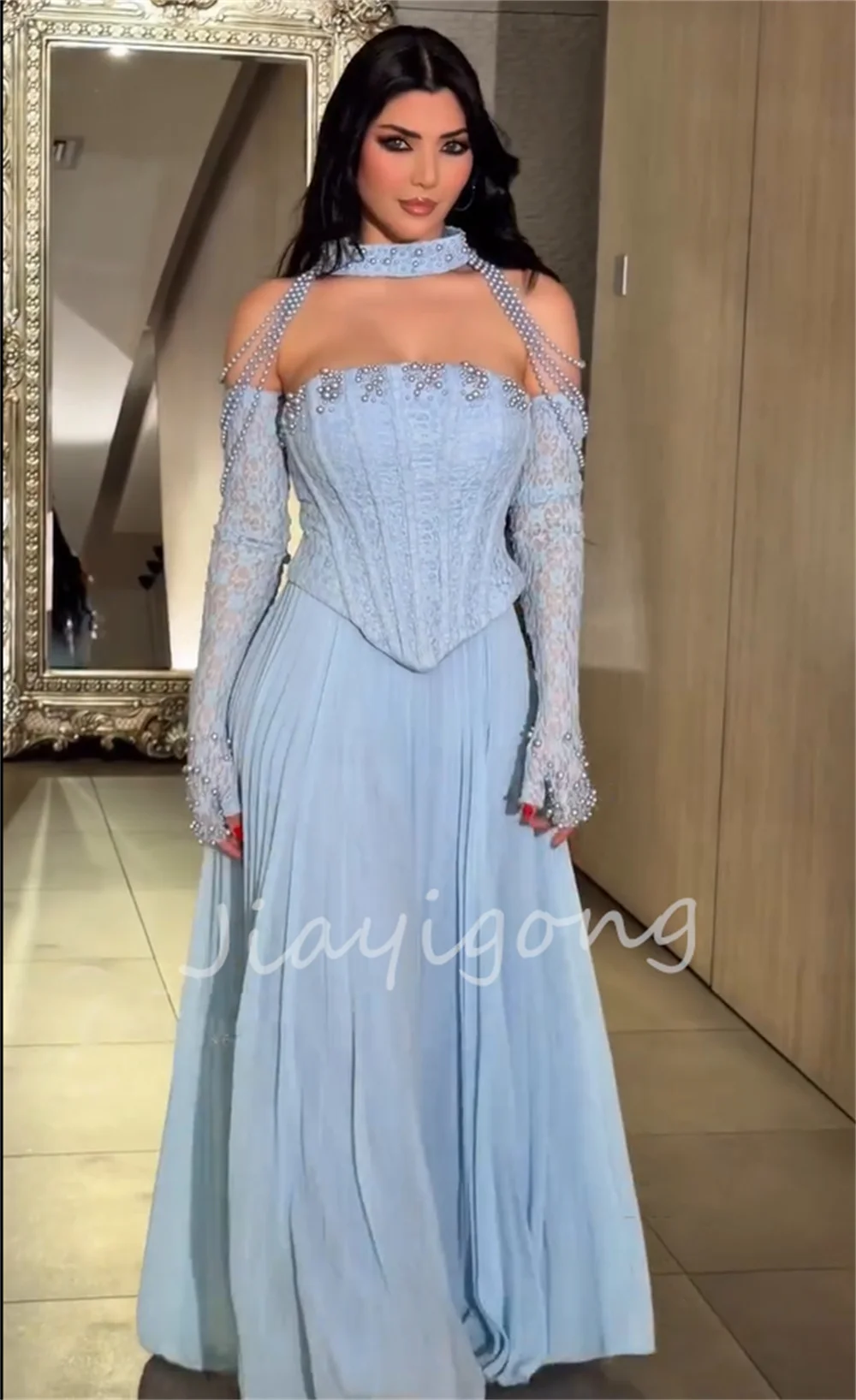 Customized Pastrol Chiffon Lace Pleat Sequined A-line Strapless Long Bespoke Occasion Evening Dresses High Quality