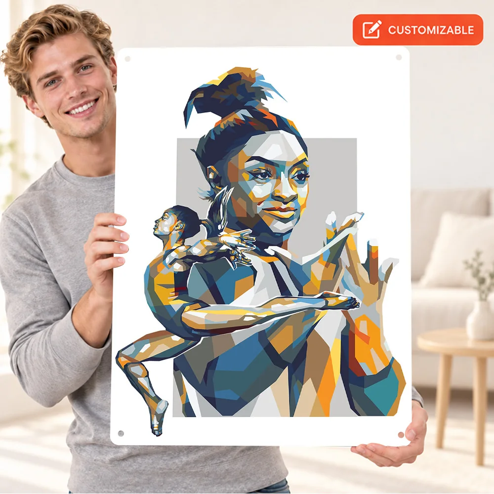 Simone Biles Gymnast Textured Metal Poster Personalized Aluminum Sign Clapping Hands Illustration Wall Art For Sports Lounge