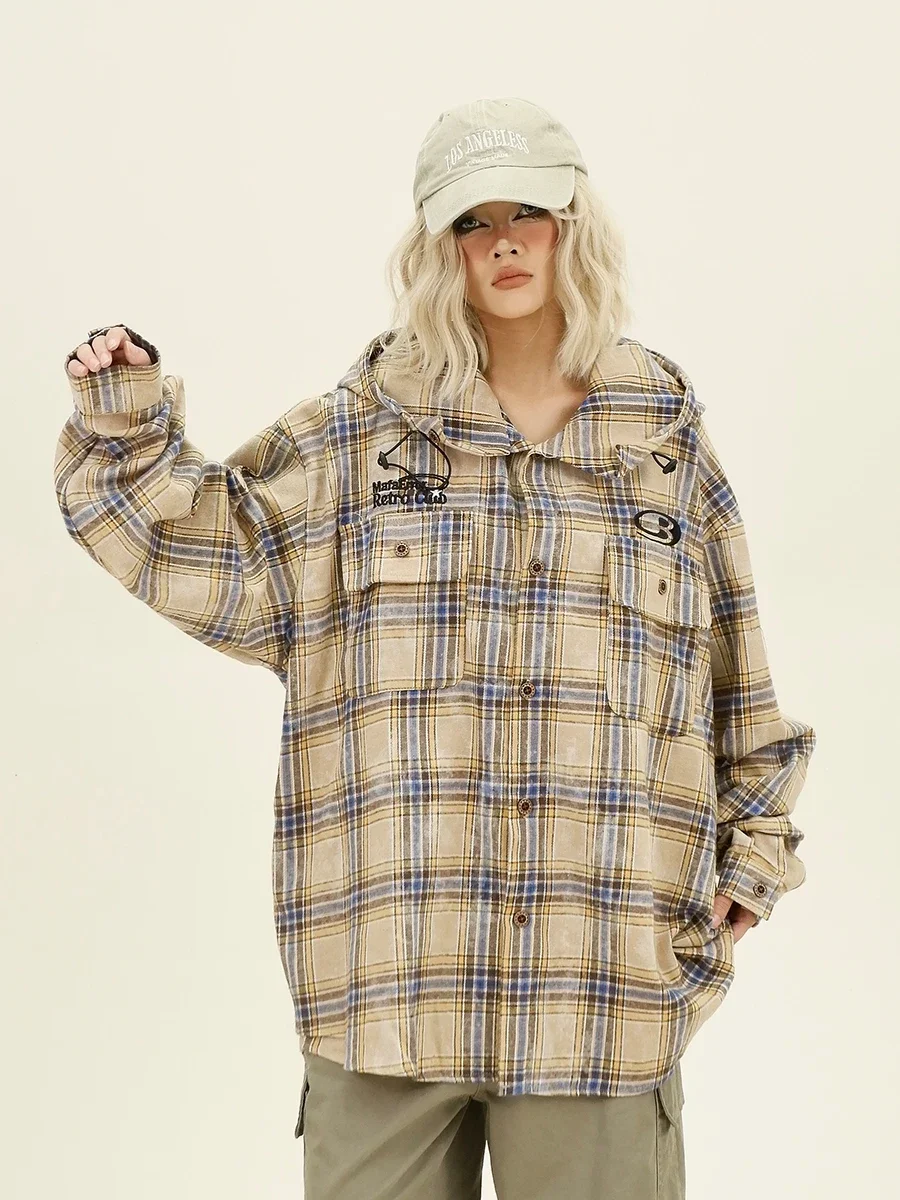 Plaid Hooded Long-sleeved Shirts 2024 Autumn New Loose Bf American College Style Couple Top Women