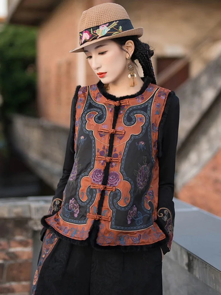 High Quality |Retro Ethnic Style Embroidered Sleeveless Waistcoat Warm Vest Suit Coat Women