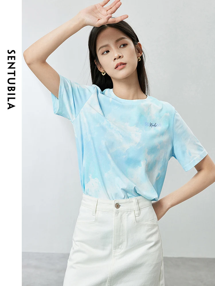 SENTUBILA Summer Tie Dye Letter Printed Cotton T-shirt Woman 2024 New Round Neck Loose Straight Short Sleeve Tops 142T54114