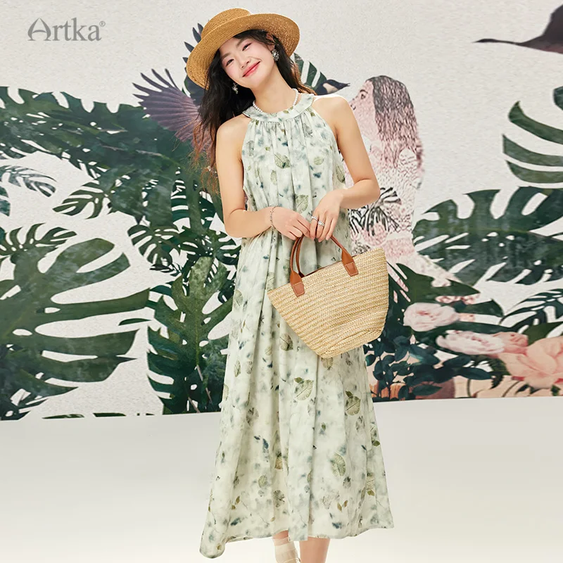 

ARTKA 2024 Summer New Women Dress French Elegant Sleeveless O-Neck Halter Dresses Off-shoulder Floral Long Loose Dress LA92042C