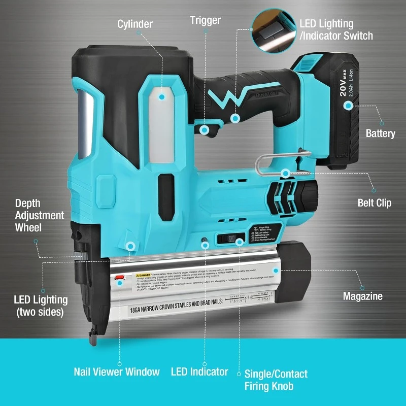 20V Cordless Brad Nailer, 18 Gauge,  1H Quick Charger, 1000 Staples, 1000 Nails and Carrying Case，home.