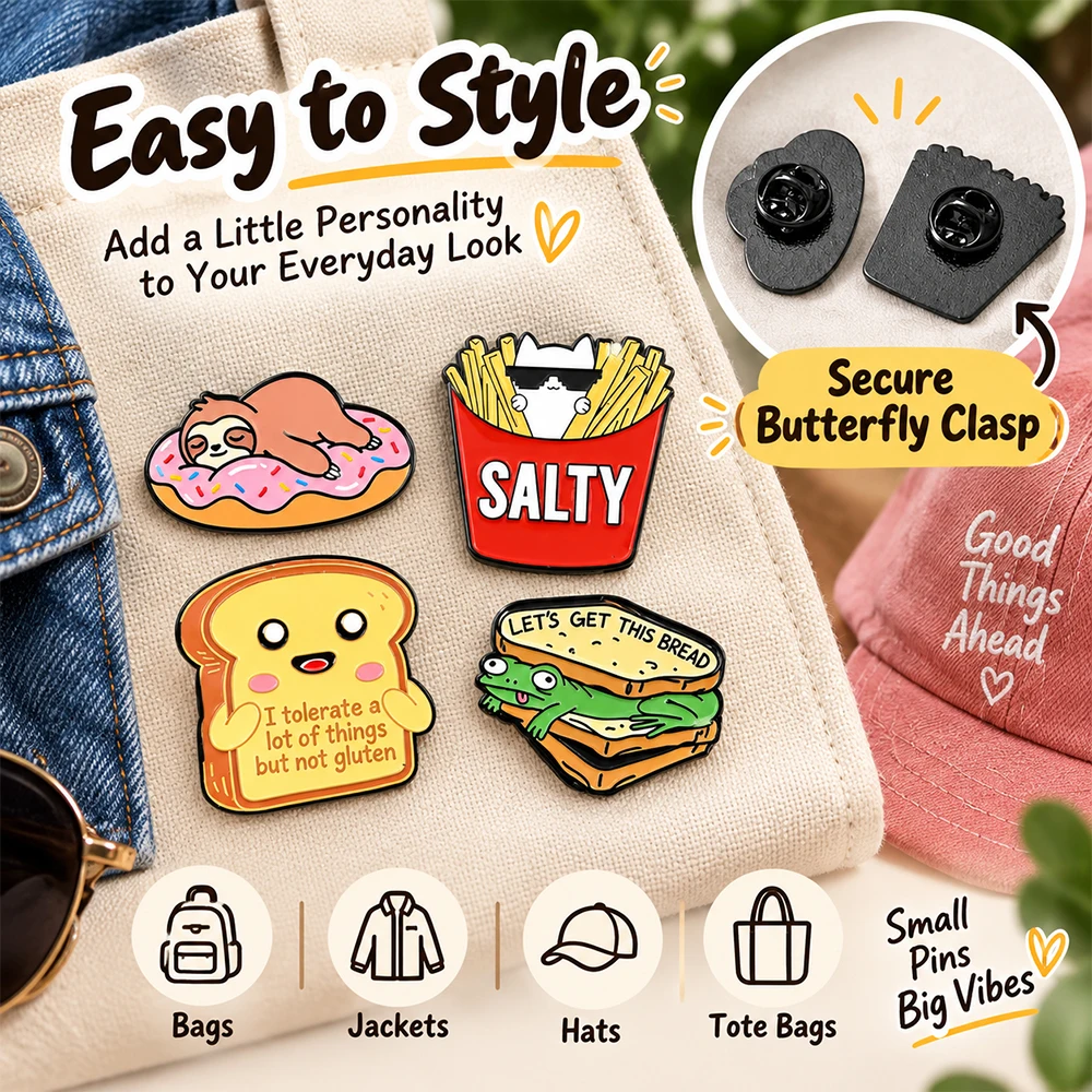 Funny Slogan Meme Food Enamel Pins Frog Sandwich Sloth Donut Cat Fries Gluten-Free Toast Lapel Brooch for Backpack Decor Badge