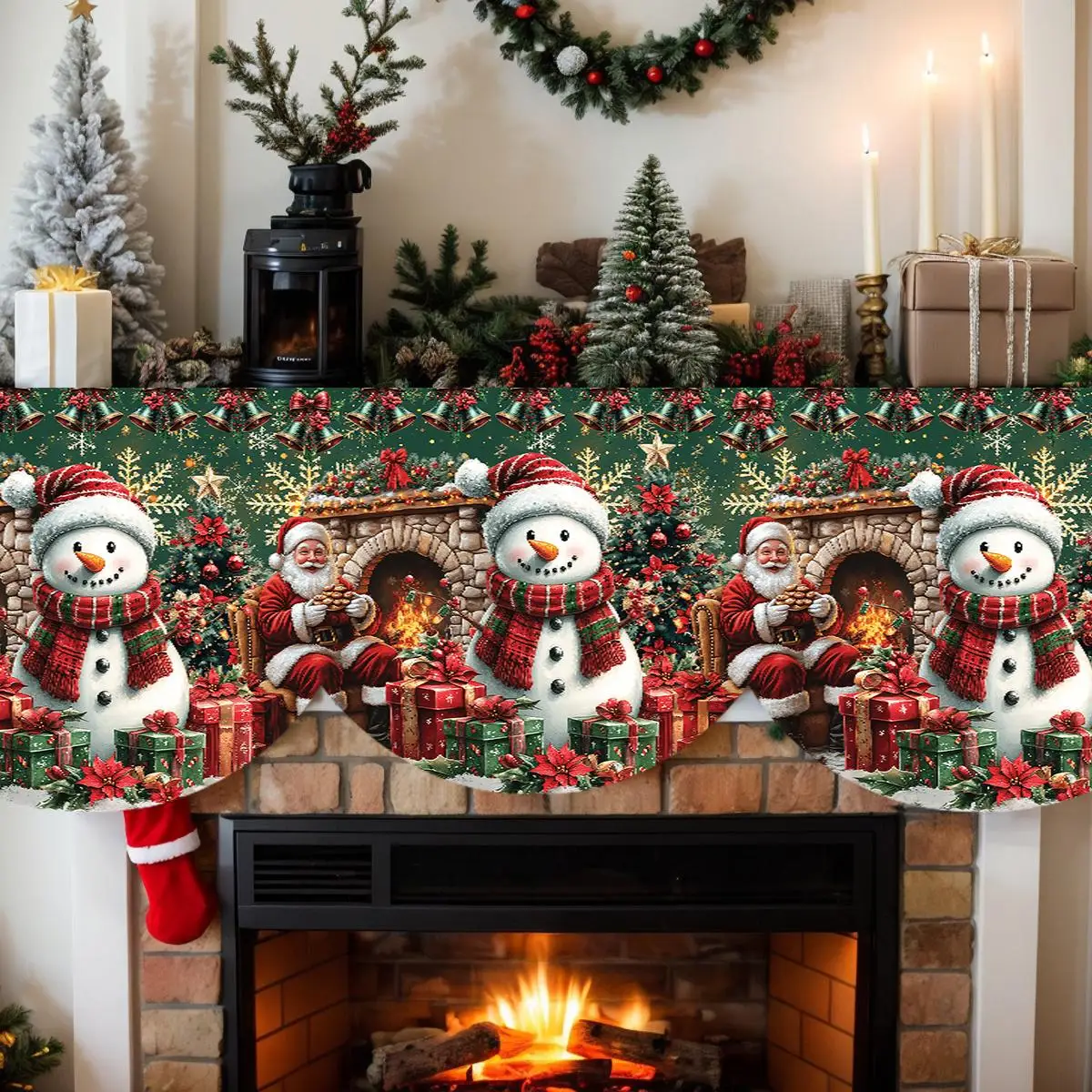VIKAMA Christmas Winter Fireplace Mantel Scarf Snowman Santa Poinsettia Mantel Topper Holiday Season Home Fireplace Decor