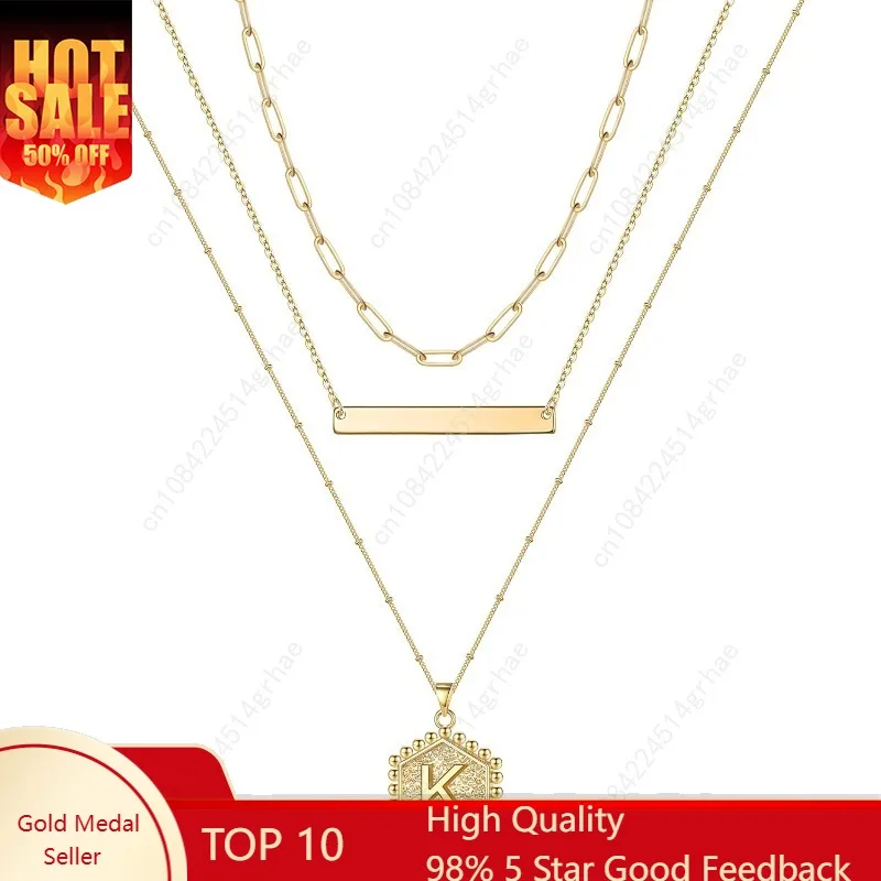 

Золотые многослойные первоначальные ожерелья Turandoss для женщин, позолоченное ожерелье из стержня 14 карат, многослойные шестигранные бусины с подвеской в виде букв ручной работы