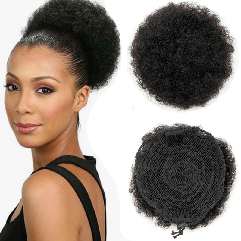 Hitzebeständige Afro-Puff-Chignon-Pferdeschwanzverlängerungen aus Echthaar mit sicherem Clip und Kordelzug, Afro-Locken-Pferdeschwanzstücke für den täglichen Gebrauch