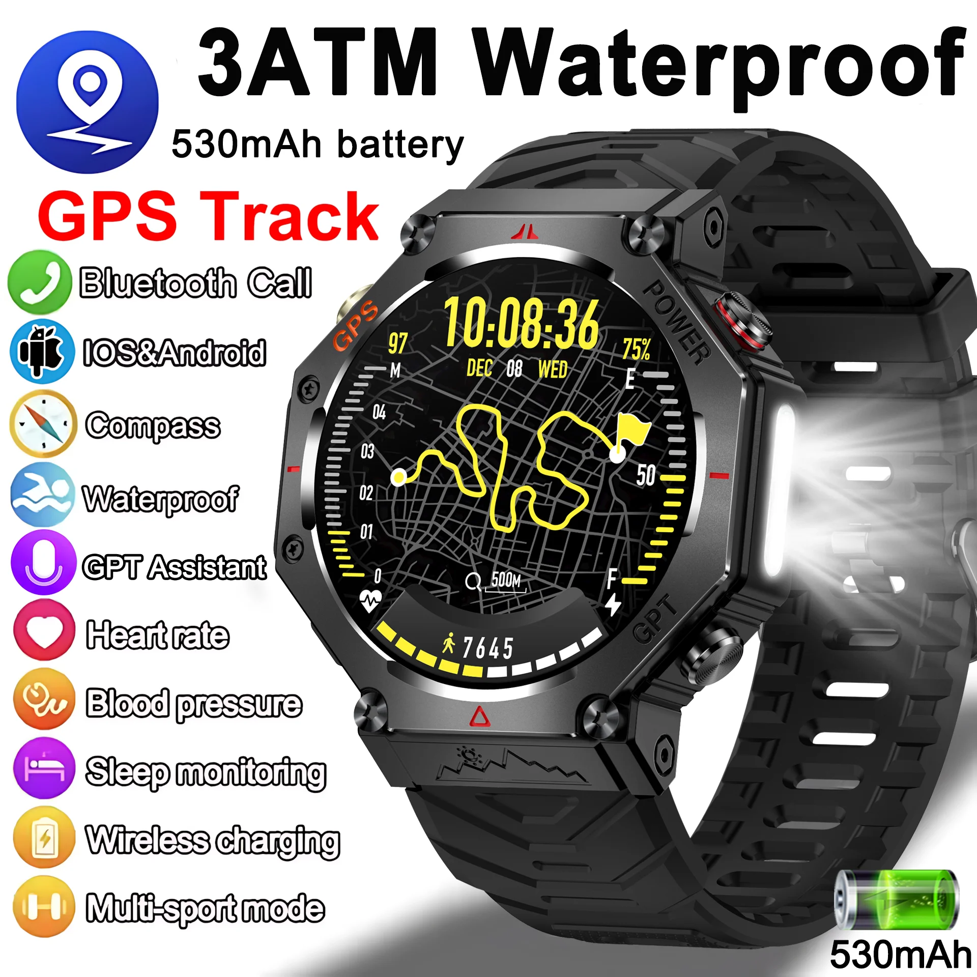 

2025 New Built-in GPS Smart Watch Men 3ATM Waterproof Compass Flashlight 530mAh Battery Outdoor Sports Bluetooth Call Smartwatch