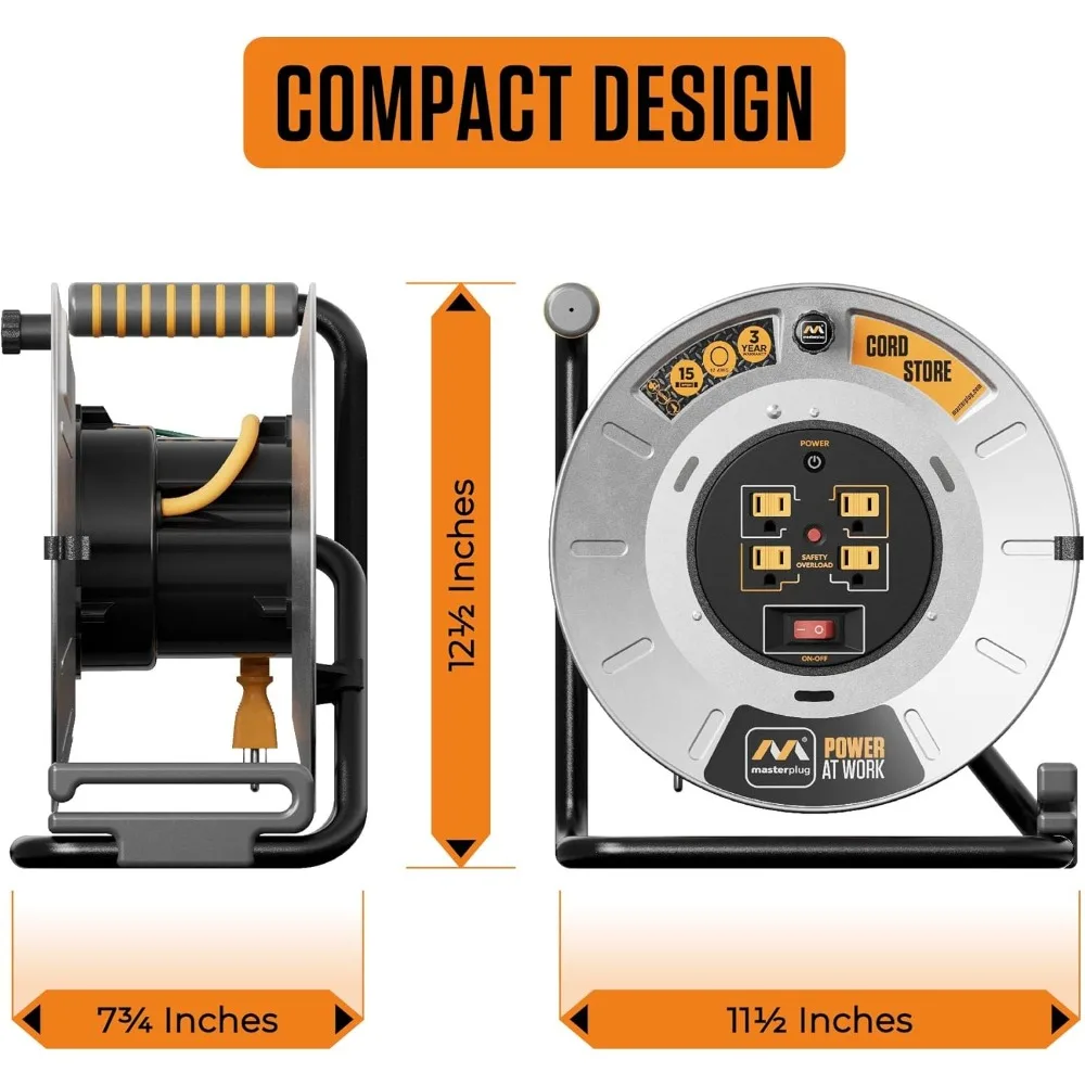 15 أمبير، بكرة سلك 1 قدم، طبل كابل معدني، سلك تمديد قابل للسحب مع مقبض لف، قاطع دائرة التحميل الزائد الآمن ومفتاح الطاقة