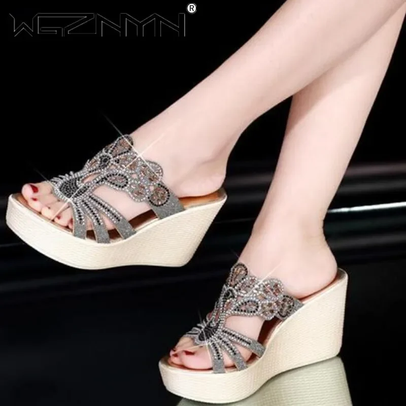 NEW Women Sequined Cloth Slippers Bling Wedges Platform Summer Beach Casual Slides Woman Shoes Plus Size Ladies Footwear 2023