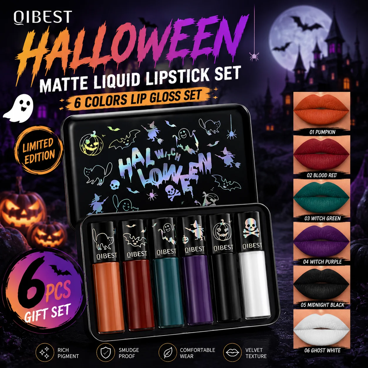 Halloween Matte Liquid Lipstick Set Waterproof Long Lasting Smudge Proof Vampire Gothic Cosplay Lip Makeup 6-teiliges Set