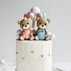 Brown Bear Doll Cake Toppers Happy Birthday Pink Blue Bear Theme Cake Topper for Birthday Baby Shower Wedding Cake Deocrations