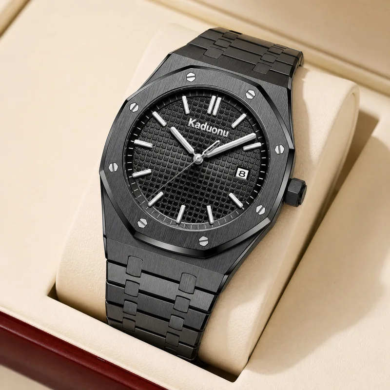 Luxury business-style men's quartz watch, featuring an octagonal design, solid steel band, waterproof construction, fashionable