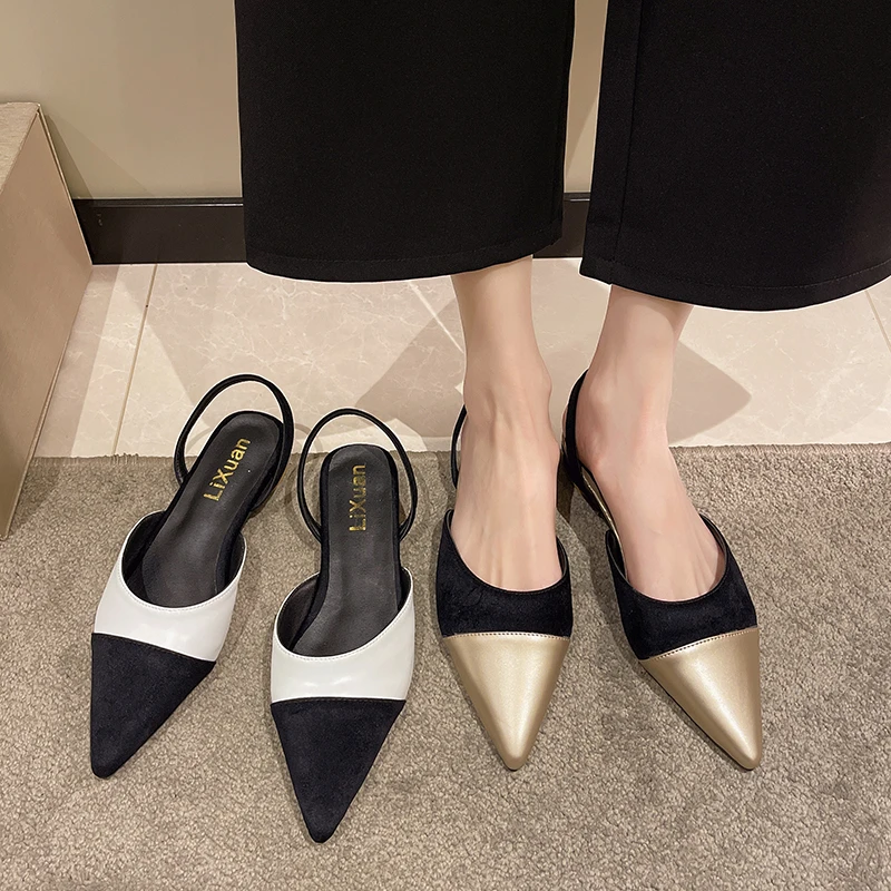 2022 nowe letnie damskie czółenka Pointed Toe Back sandały Slingback damskie obcasy elegancki wygląd Colorblock damskie sandały