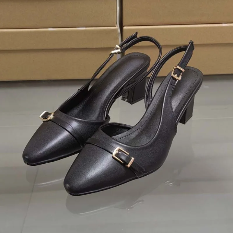 Designer Autumn High Heel Shoes for Ladies Vintage Black Square Head Belt Buckle Decoration Plus Size Professional Women\'s Pumps