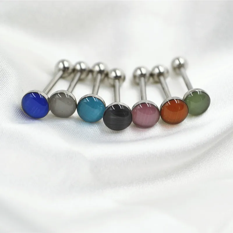 50pcs/Lot  Surgical Steel Tongue Ring Bar Nipple Straight Barbells Cateye Gemstone Body Piercing Jewelry 1.6X16X5/7MM NEW