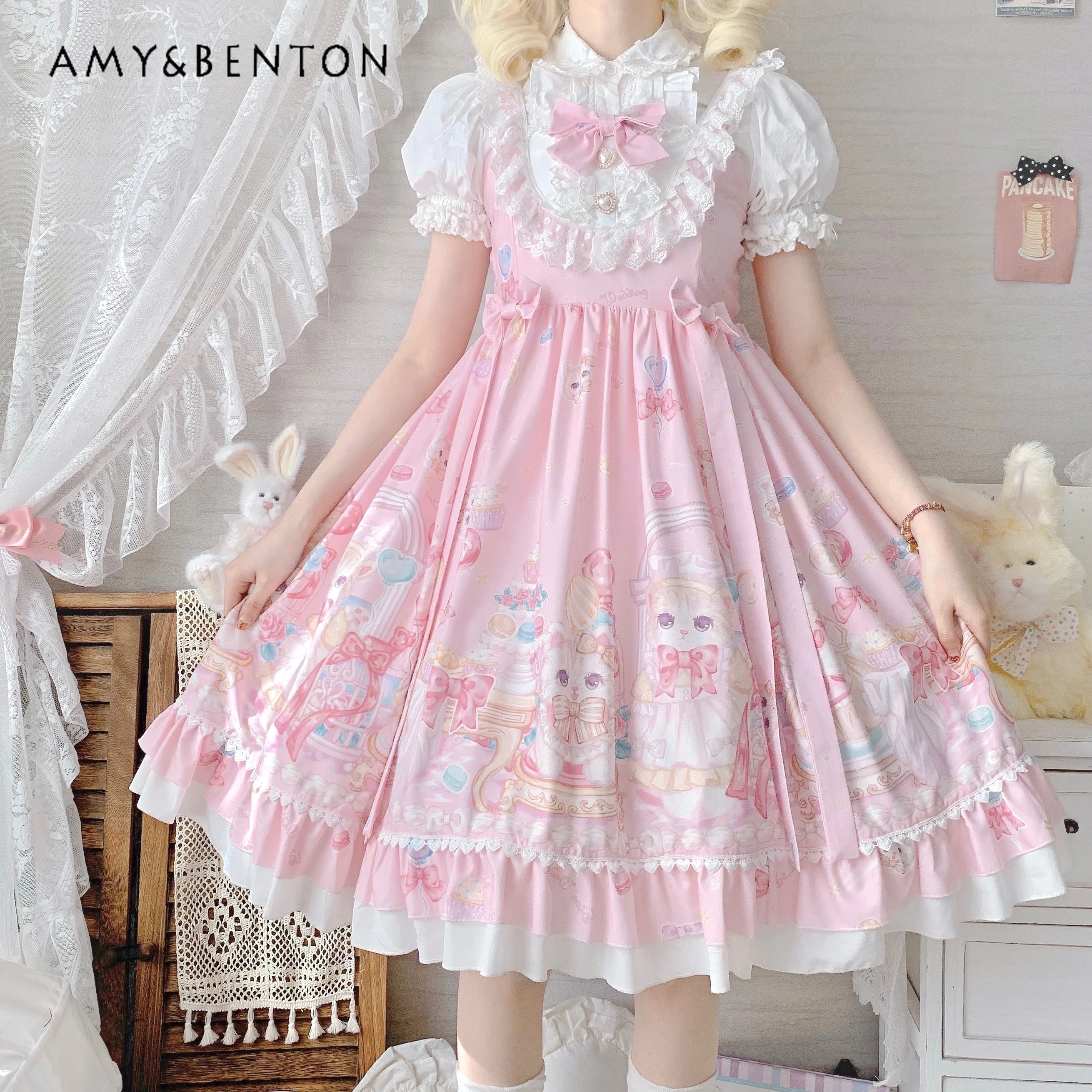 Original Lolita Cat Print Dress for Women Sweet Girl Lace JSK Suspender Dresses Kawaii Bow Ruffle Edge Slim Midi Princess Dress