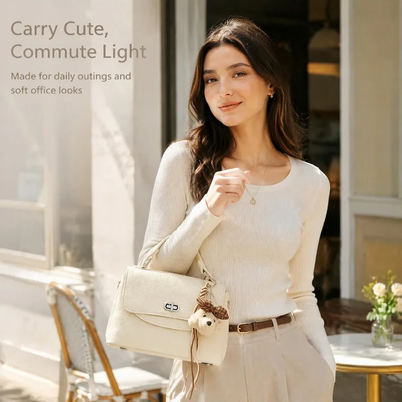 Women Pebbled Faux Leather Top Handle Handbag Cute Puppy Pendant Detachable Strap Casual Daily Crossbody Shoulder Bag