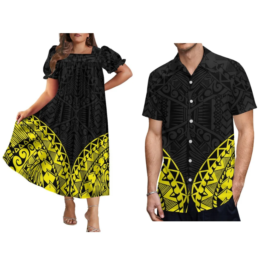 Alta qualidade mumu moda feminina vestido samoya fiji tonga maxi polinésia vestido tribal temperamento casal terno camisa masculina