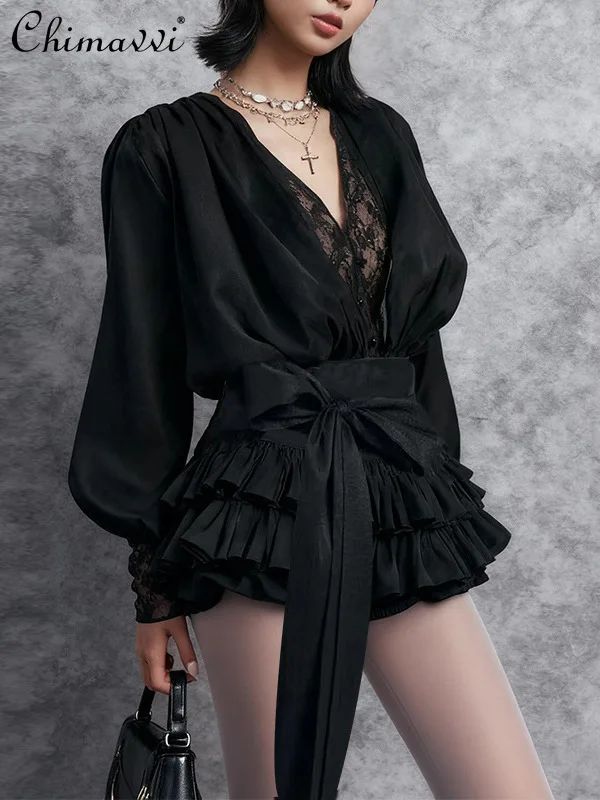 

2026 Summer French Fashion Sexy Hot Girl Lace V-neck Long Sleeve Lace-up Bow Puffy Short Dress Shorts Two-Piece Set for Women