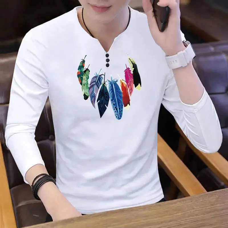 

Men V Neck Printed Long Sleeve T Shirt New Autumn High Quality Pure Cotton Under Shirt