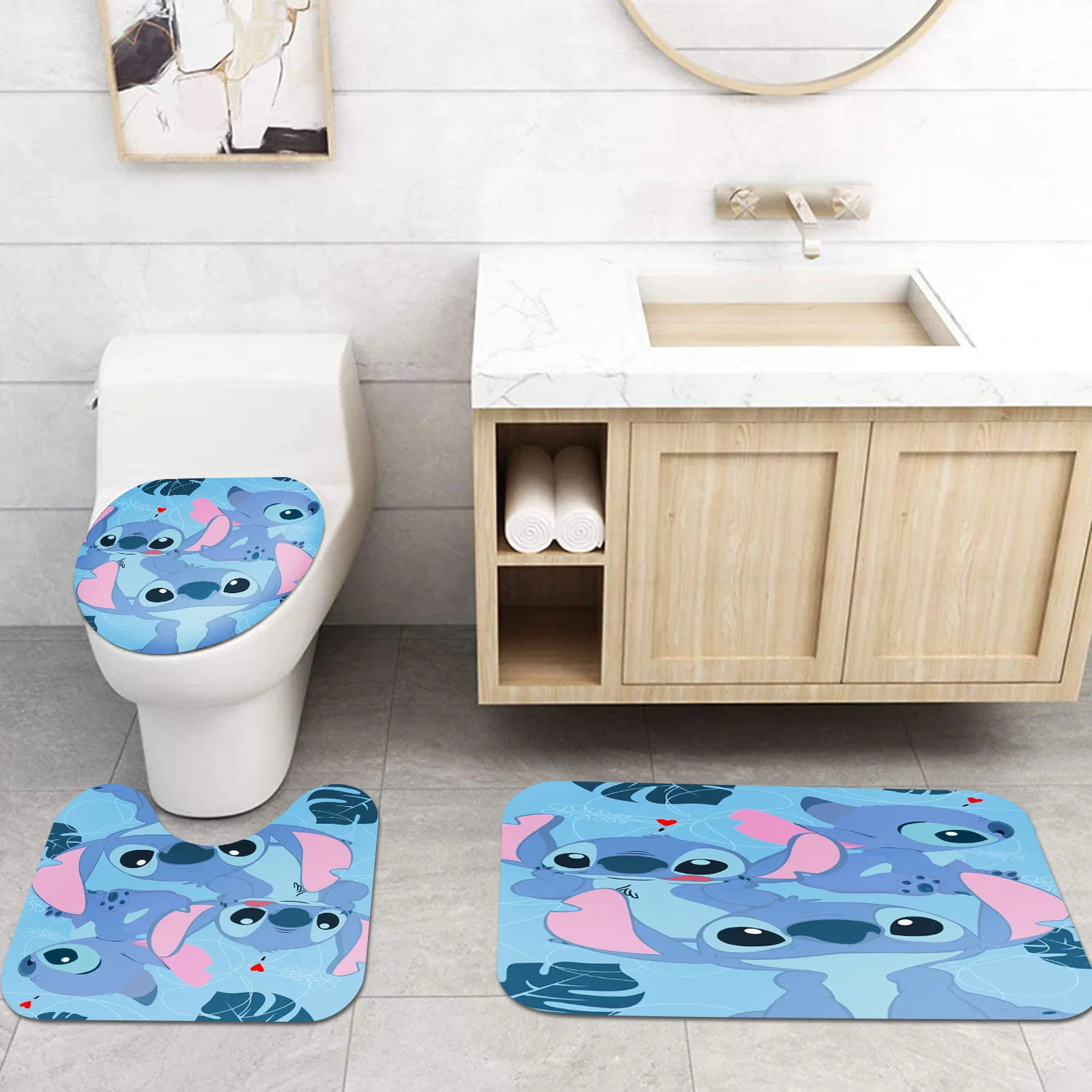 Stitch Bathroom Accessories 4 Piece Set Mats And Shower Curtain  Curtains Sets Luxury Waterproof Anime Home 100% Polyester