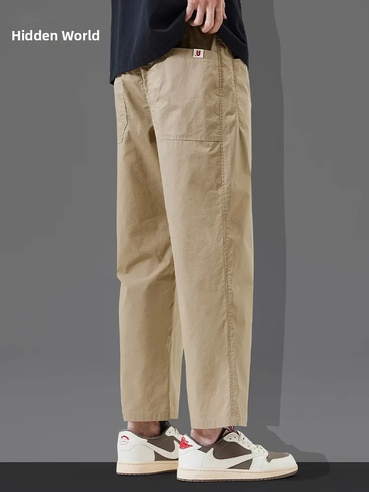 

Men's Summer Thin Loose Straight Leg Casual Pants Khaki Color Tapered Long Trousers Nine Points Classic American Retro Sle
