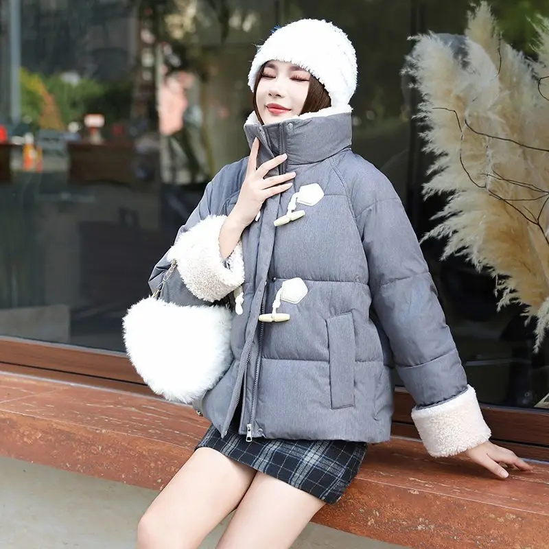 

New Bread Down Cotton Jacket Ladies Winter 2026 Horn Button Cotton-padded Coat Women Parkas Short Outwear Thicken Overwear Top