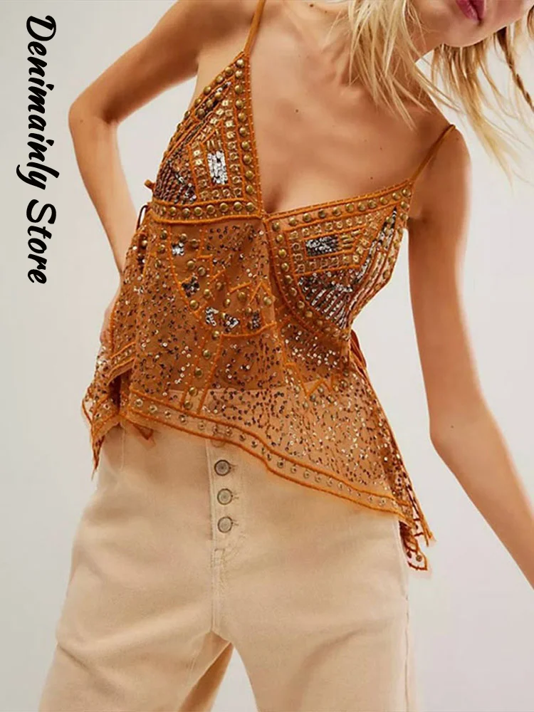 

Sexy Sequins See Through Sling Women Sleeveless Backless Lace Up Street Vest 2025 Summer Lady Chic Beach Holiday Vests