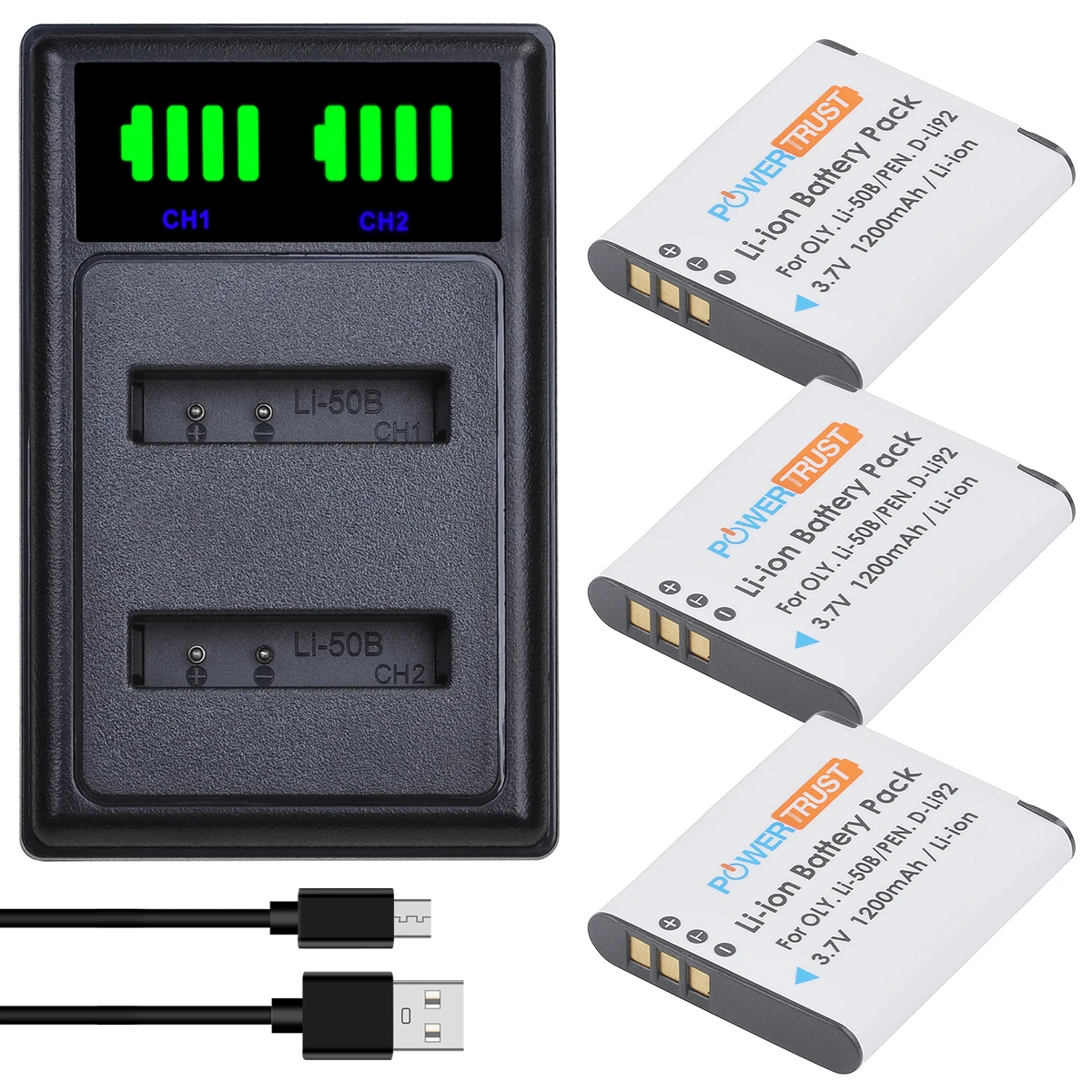 Li-50B D-Li92 Battery and LED Dual Charger for Olympus D-Li92 LI50B LI-50C Tough 6000 6020 8000 8010 TG-610 Pentax D-LI92 DLI92