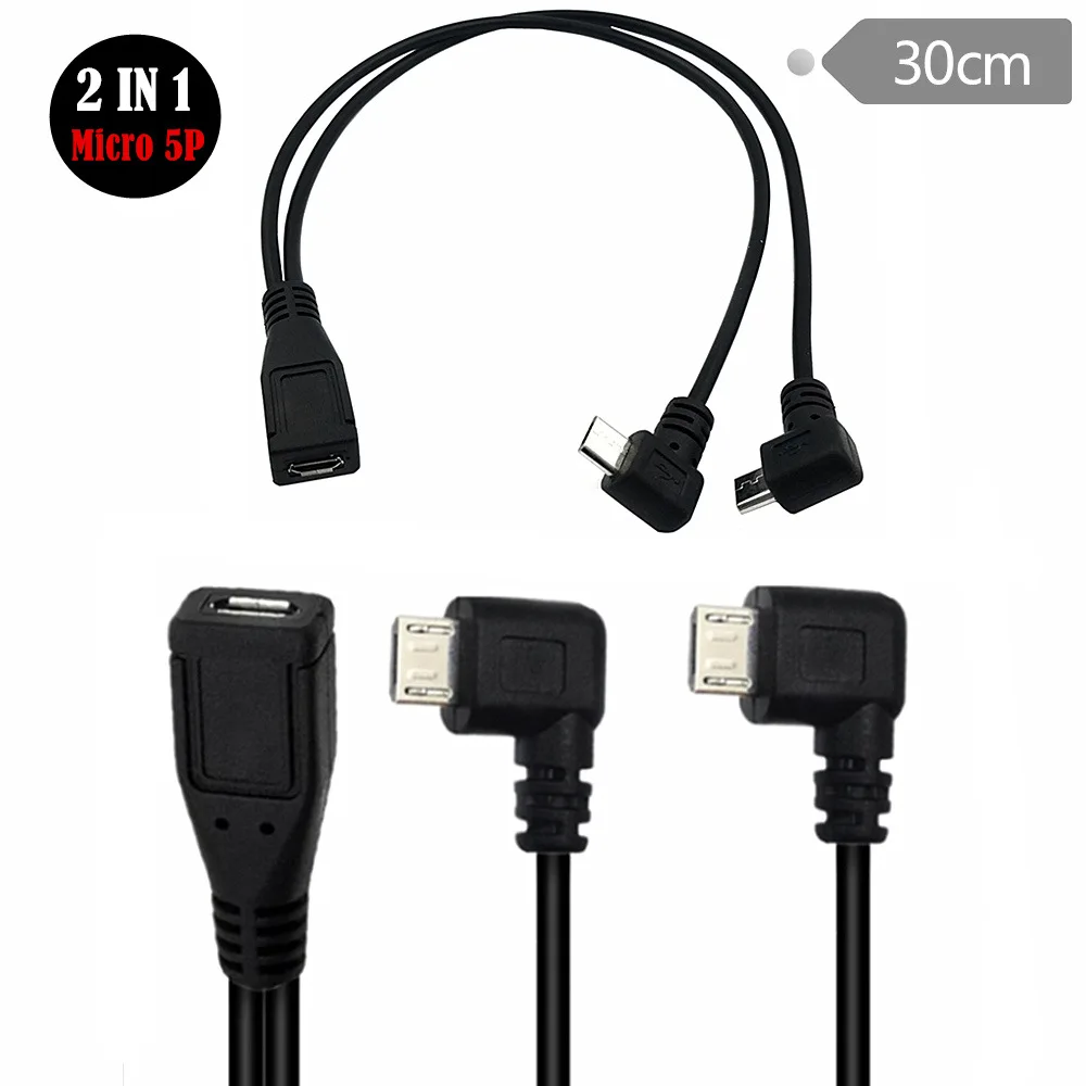 

90 Degree Micro USB 1 To 2 Y Splitter Cable Left Angle 2 Male to Female Converter High Speed Charging Cord