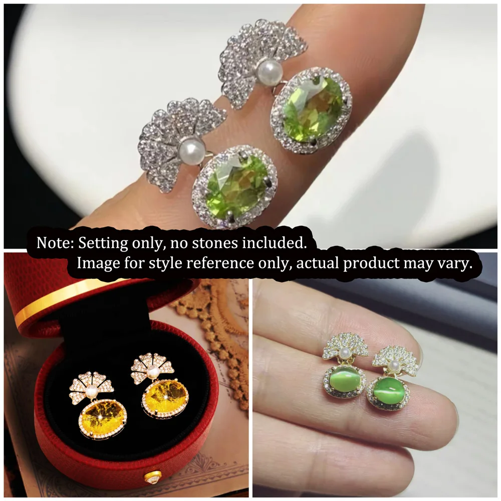 

S925 Sterling Silver Ginkgo Leaf Drop Earring Setting Fits 6x8mm Oval Stones, DIY Blank Mount Jewelry Making Supplies