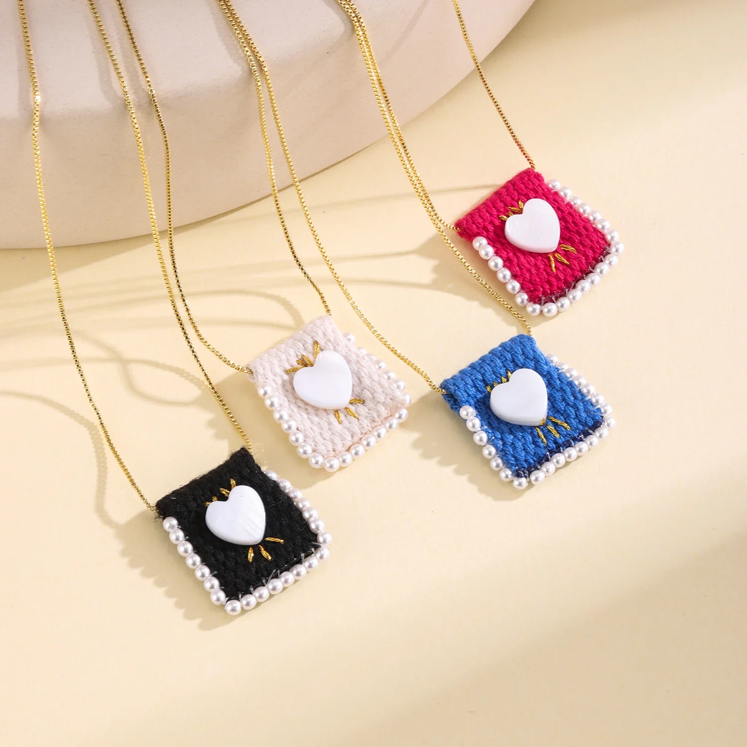Nidin Handmade Knitted Square White Heart Pendant Necklace Pearl Border Chain Link Sweet Cute DIY Jewelry Gift For Women Girls