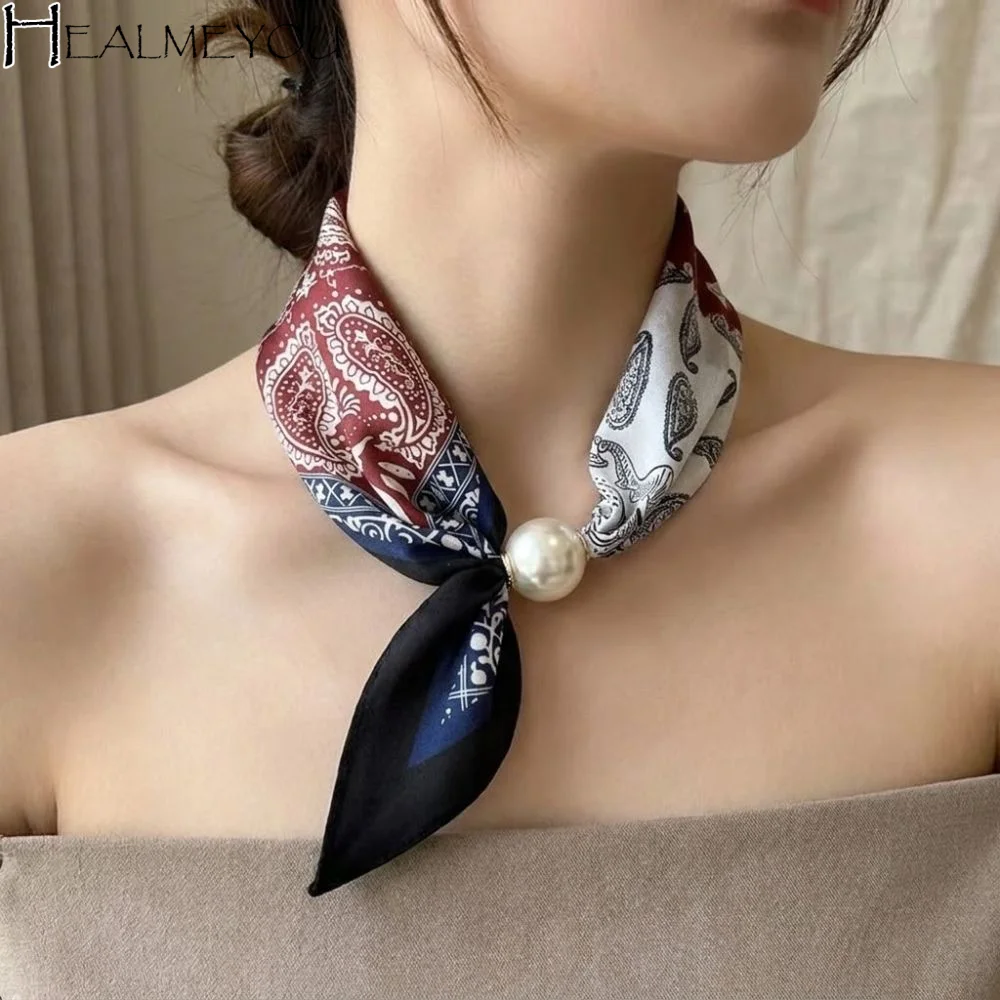 

Luxury Chic Lazy Scarf Lightweight Convenient Magnetic Buckle Scarf Long Narrow Pearl Tail Silk Scarf Women